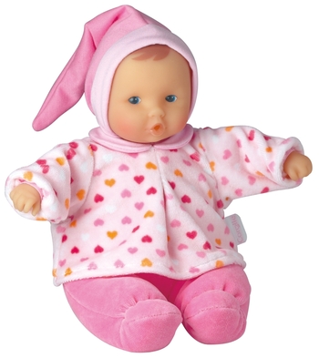 Soft and light, this adorable first play doll is in velour heart print top with bright pink pants. She is huggable with a clean vanilla scent. Her all cloth fiberfill body has sewn on clothes and a vinyl head and hands, with a finger she can suck. Machine washable. <br><br><span style="font-weight: bold;">Why Savvy Auntie Loves It:</span> <span id="lblGDesc">Every little baby niece needs a little baby doll. Babipouce, by Corolle, will be adored by your little baby doll.<br><br><a name="" target="" classname="" class="" href="/giftview1.aspx?Id=2099&Name=Babipouce+Sorbet">Click here to get this gift!<br></a><br></span><br>