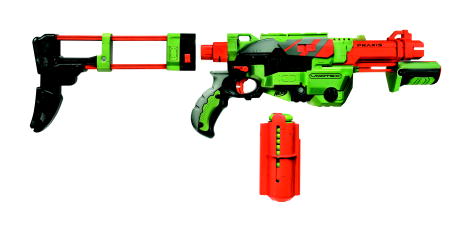 <span id="lblGDesc"><span id="lblGDesc">What They Say:  </span></span>Pump-action power and a removable 10-disc clip let you go the distance 
with the VORTEX PRAXIS blaster! Whether you need maximum mobility or 
enhanced fire control, you can modify your blaster with the removable 
shoulder stock and add accessories with the Tactical Rail System. You 
can even create one of the most epic N-STRIKE and VORTEX blaster hybrids
 yet! The battle is yours to win! (Tactical Rail and N-STRIKE 
accessories each sold separately) Offering long-range, high-powered 
disc-blasting technology, NERF VORTEX blasters hurl ultra-distance discs
 for the ultimate battle experience!  >>  Why Savvy Auntie Loves It:  <span id="lblGDesc"><span id="lblGDesc">The Nerf Vortex Nitron series is everything your 
nephew (or niece) loves about Nerf. We suggest you get two, one for him,
 one for you, so you can play together.  <span style="text-decoration: underline;">FIND IT IN THE GIFTS SECTION</span><a name="" target="" classname="" class="" href="/giftview1.aspx?Id=1994&Name=NERF+VORTEX+PRAXIS+Blaster"></a><br></span></span>